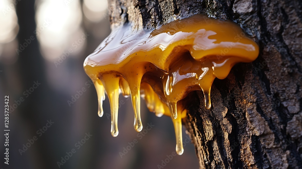 Poster tree sap flowing down bark detail in forest natural setting
