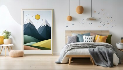 Kids room with poster and mountain wall