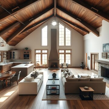 Casa de campo con un gran sal&oacute;n y cocina integrada, techos de madera y chimenea.