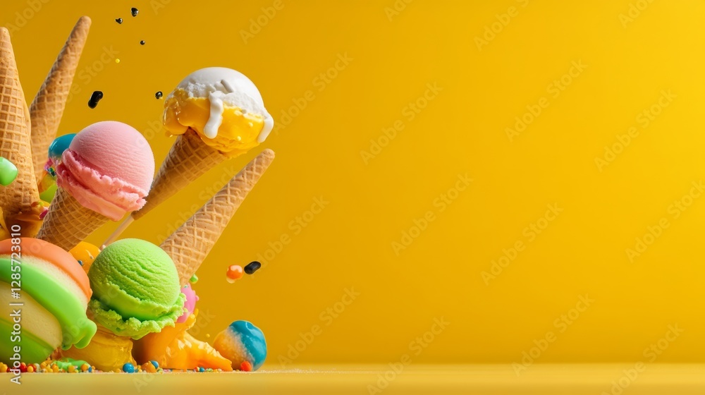 Aufkleber yellow background with a bunch of colorful ice cream cones and scoops. the ice cream cones are piled