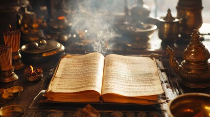 A sacred Vedic scripture surrounded by traditional Indian artifacts, including incense holders and brass lamps,