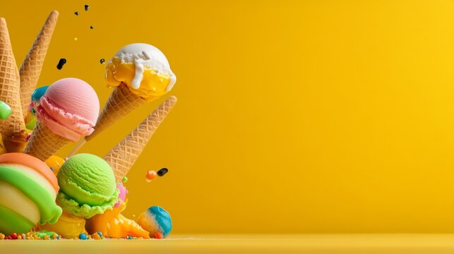 Yellow background with a bunch of colorful ice cream cones and scoops. The ice cream cones are piled on top of each other, creating a fun and playful atmosphere