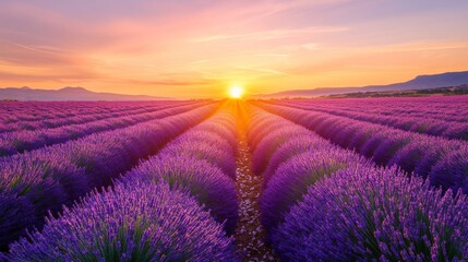 Fototapeta premium Stunning sunset view of a lavender field in Valensole, France. The vibrant purple flowers create a picturesque and serene atmosphere.