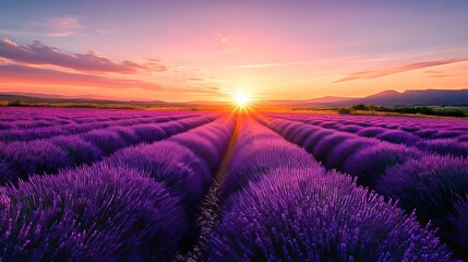 Stunning sunset view of a lavender field in Valensole, France. The vibrant purple flowers create a picturesque and serene atmosphere.