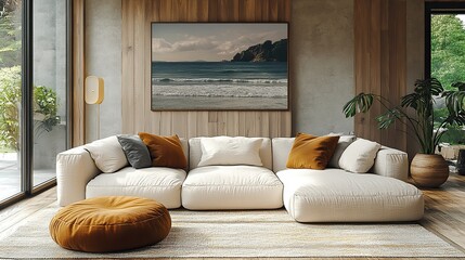 Fototapeta premium This modern living room features a stylish sofa, art, and decor, creating a space that is both elegant and inviting