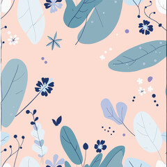 a variety of blue and white flowers and leaves, with some flowers and leaves appearing larger than others, creating a sense of depth and dimension.