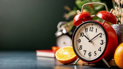 Red alarm clock with the time of 10:30 on it sits on a table with a book and an orange