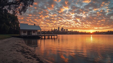 The sun rises beautifully over the boathouse on Matilda Bay. The boathouse is located on the Swan River in Perth, Western Australia.