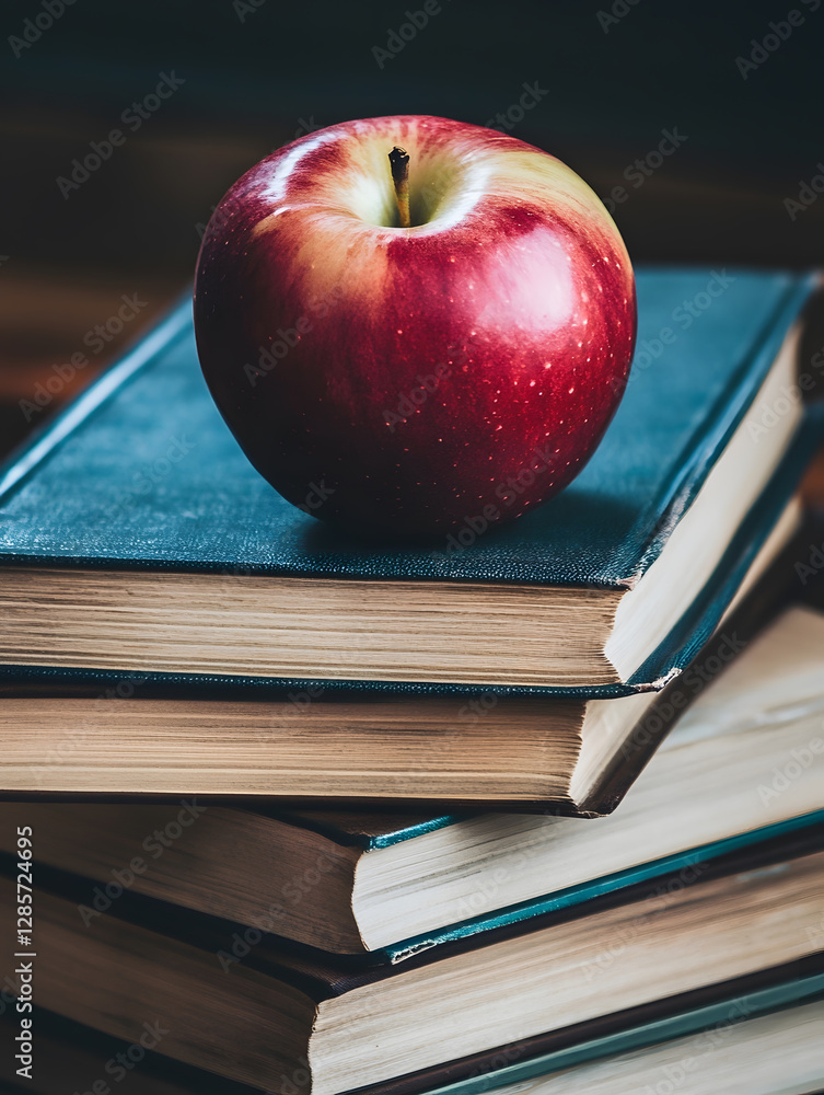 Poster fresh red apple on stack of classic books symbolizing knowledge and healthy lifestyle choices : gene