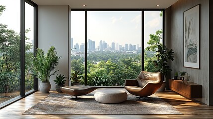 Fototapeta premium This modern living room features an empty frame and a stylish chair, offering a minimalist yet inviting aesthetic