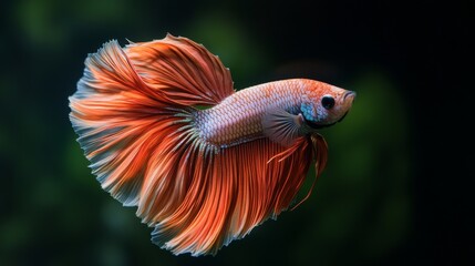 Fototapeta premium Watch the graceful dance of a vibrant betta fish, its fins flowing like a delicate silk scarf. The Siamese fighter moves with a rhythmic elegance, showcasing its beauty against a dark canvas.