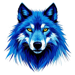 Naklejka premium stylized illustration of a wolf's head featuring vibrant blue and black colors, with sharp facial features and intense yellow eyes