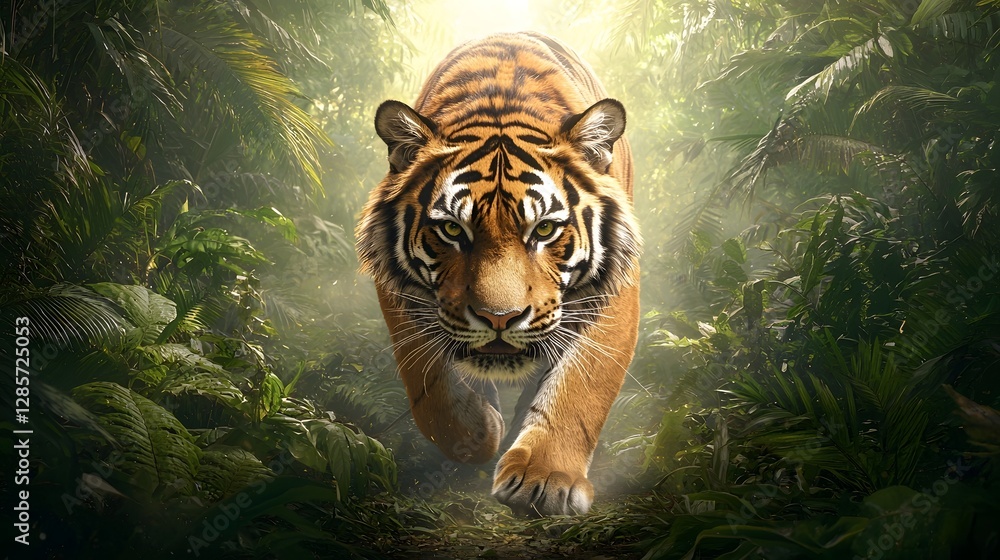 Aufkleber majestic tiger walking through a dense jungle with sunlight filtering through the trees copy space i