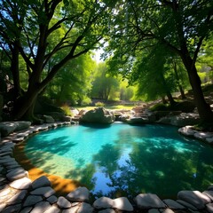 Fototapeta premium Piscina natural en una finca con suelo de roca y agua cristalina rodeada de árboles.