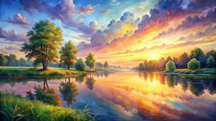 Obraz premium Serene Sunset Over a Tranquil River with Majestic Trees Reflecting in Calm Waters