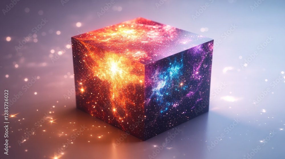 Poster a 3d firework box with colorful, festive fireworks printed on it, set against a clean white backdrop