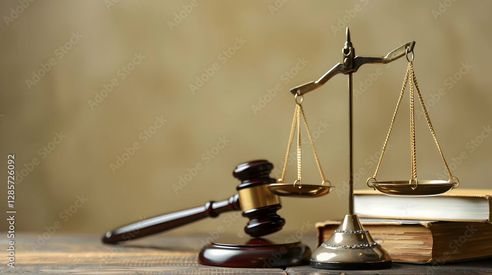 Poster a gavel and a scale of justice resting on a wooden table with law books in a soft-lit background