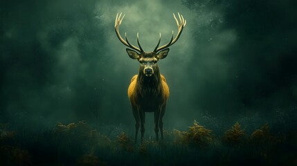 Fototapeta premium Graceful deer standing calmly in a misty forest clearing illuminated by the soft warm glow of morning light filtering through the trees Peaceful and serene natural landscape with copy space