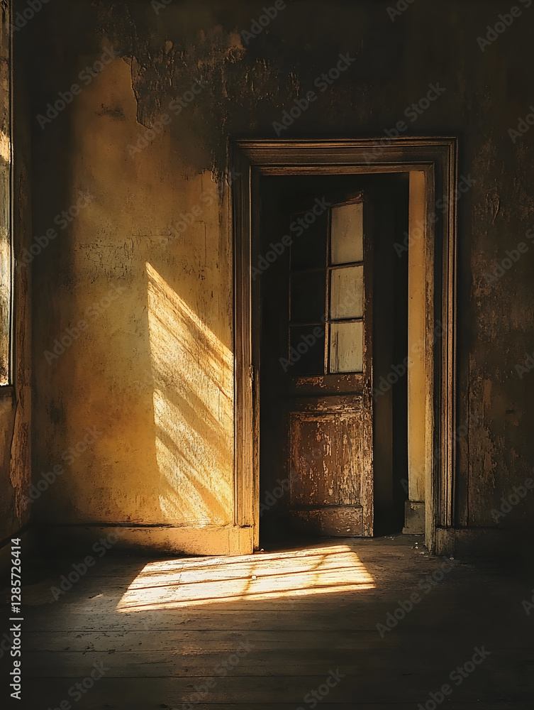 Poster rustic abandoned room with sunlight streaming through a weathered open door into a vintage interior 