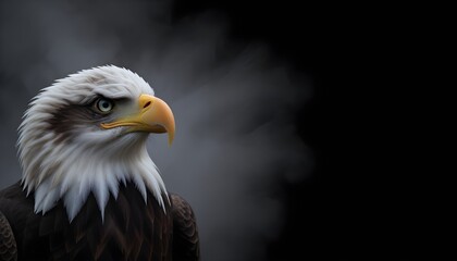 Obraz premium A bald eagle with piercing eyes surrounded by mist against a dark background