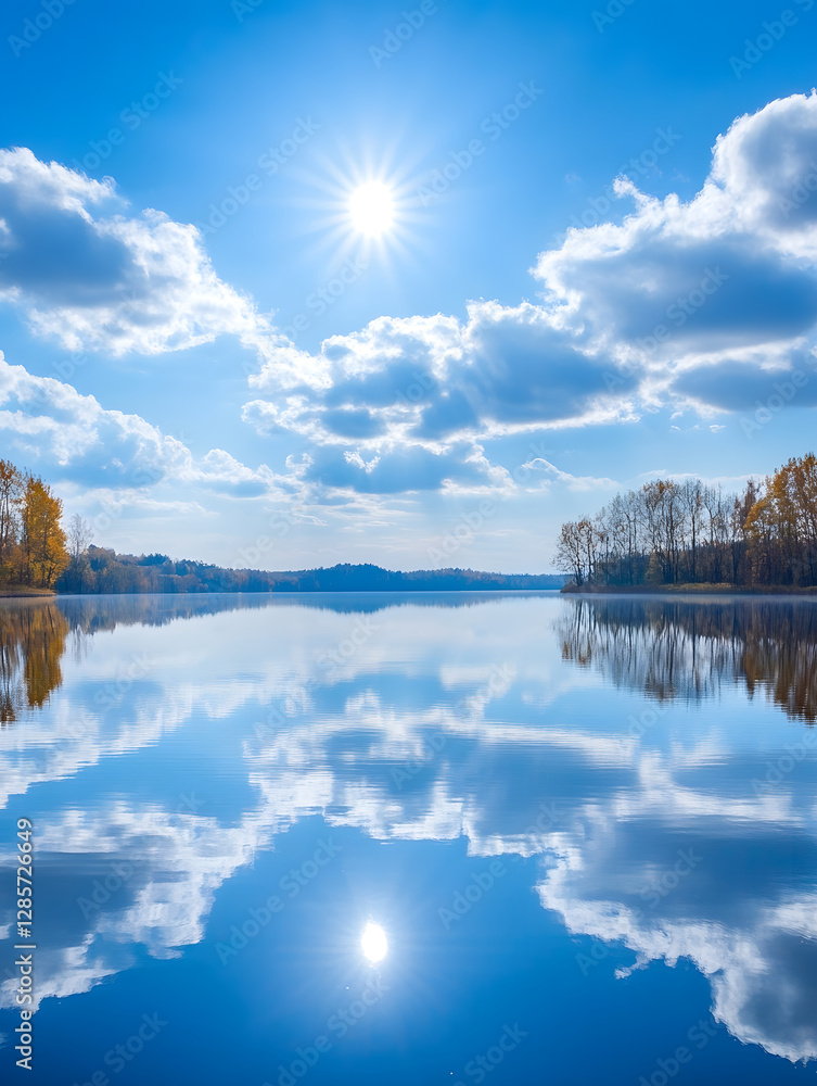 Aufkleber scenic lake reflection under bright sunlight with fluffy clouds in sky : generative ai