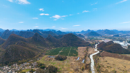 Rural scenery and karst landforms in Hezhou, Guangxi, China