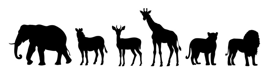 Set of african safari animals including a giraffe, elephant, and lion are shown in silhouette. Flat vector illustrations isolated on transparent background