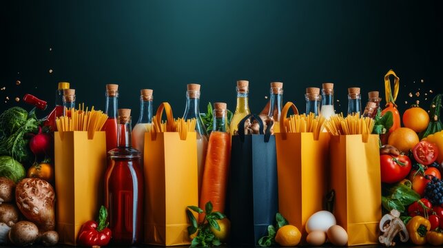 Row of bags with various food items and condiments. The bags are yellow and black. The food items include vegetables, fruits, and condiments