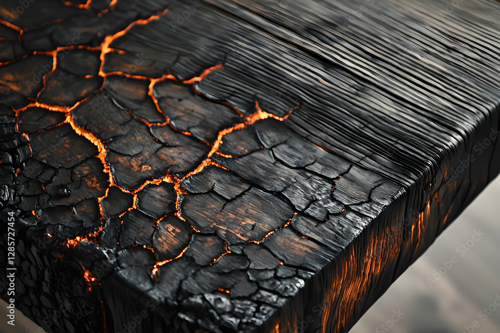 Poster charred wood texture with cracks and glow for background usage