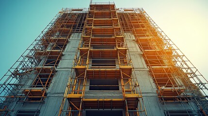 This modern scaffolding structure stands tall against a clear sky, showcasing the ongoing construction and development of a building project