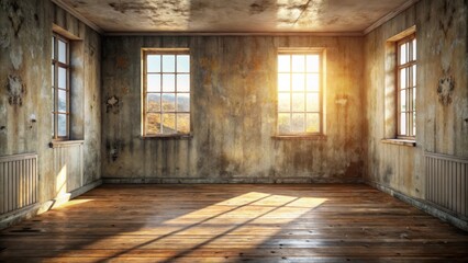 Obraz premium A sunlit empty room with aged walls and hardwood floors, showing signs of decay and time, suggesting a sense of history and forgotten stories