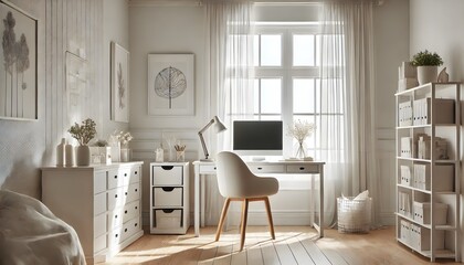 Fototapeta premium A modern Scandinavian home office featuring a minimalist wooden desk, an ergonomic chair, and natural light streaming through large windows. The space is decorated with green plants, stylish shelves, 