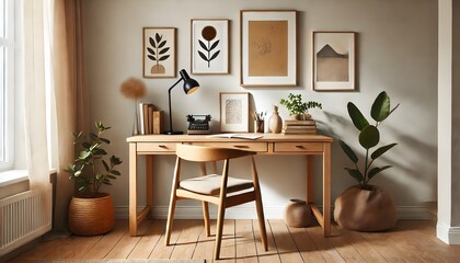 A modern Scandinavian home office featuring a minimalist wooden desk, an ergonomic chair, and natural light streaming through large windows. The space is decorated with green plants, stylish shelves, 