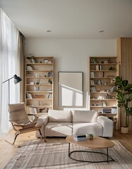 Light living room with bookshelf and furniture, poster on the wall