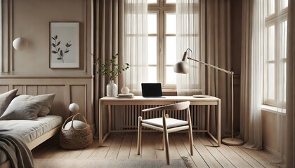 A modern Scandinavian home office featuring a minimalist wooden desk, an ergonomic chair, and natural light streaming through large windows. The space is decorated with green plants, stylish shelves, 