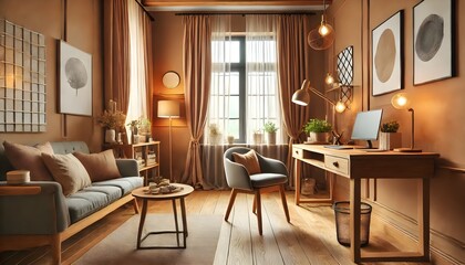A modern Scandinavian home office featuring a minimalist wooden desk, an ergonomic chair, and natural light streaming through large windows. The space is decorated with green plants, stylish shelves, 