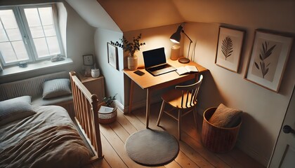 A modern Scandinavian home office featuring a minimalist wooden desk, an ergonomic chair, and natural light streaming through large windows. The space is decorated with green plants, stylish shelves, 