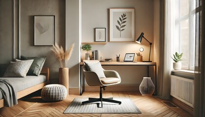 A modern Scandinavian home office featuring a minimalist wooden desk, an ergonomic chair, and natural light streaming through large windows. The space is decorated with green plants, stylish shelves, 