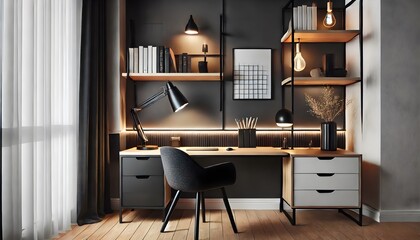 A modern Scandinavian home office featuring a minimalist wooden desk, an ergonomic chair, and natural light streaming through large windows. The space is decorated with green plants, stylish shelves, 