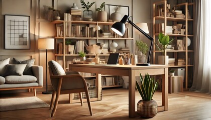 A modern Scandinavian home office featuring a minimalist wooden desk, an ergonomic chair, and natural light streaming through large windows. The space is decorated with green plants, stylish shelves, 