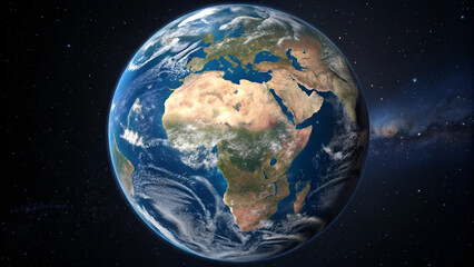 Fototapeta premium The image shows a view of planet Earth from space, prominently featuring the African continent with Europe to the north. The surrounding space is dark, with a hint of the Milky Way galaxy