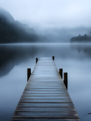 Obraz premium Serene Lakeside Pier Enveloped in Mist Creating a Tranquil Ambience : Generative AI