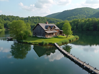 Obraz premium Barn House Beside a Serene Lake: A peaceful drone shot of a traditional barn house standing beside a calm lake, surrounded by lush greenery.