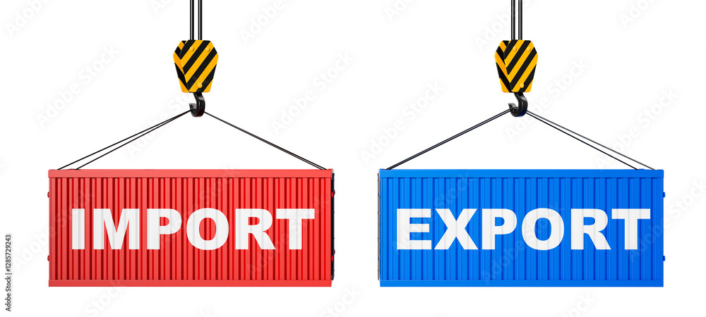 Poster import and export containers concept. 3d rendering