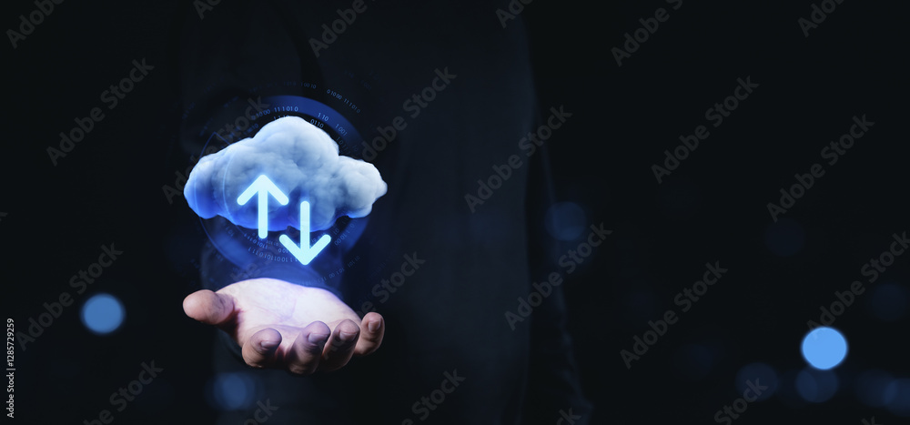 Poster cloud storage and data transfer concept with glowing upload and download arrows in a hand.