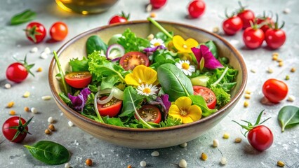 Vibrant Edible Flower Salad in a Rustic Bowl with Cherry Tomatoes and Fresh Greens