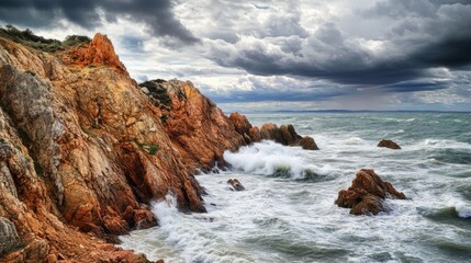 Obraz premium Coastal Rocks, Stormy Seascape
