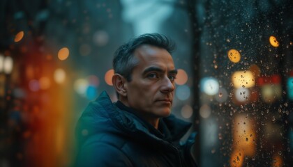 portrait of a man on the street of a night city, it's raining, street lights are reflected, raindrops, gloomy surroundings at dusk