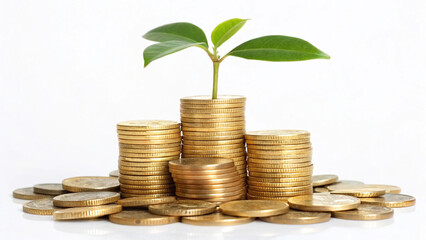 The image shows several stacks of gold coins with a small green plant growing from the top of the central stack. The image symbolizes financial growth, investment, and the concept of money yielding re