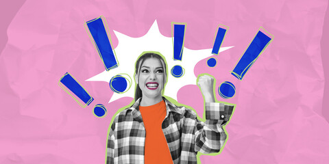 Excited woman with exclamation marks on pink background.
